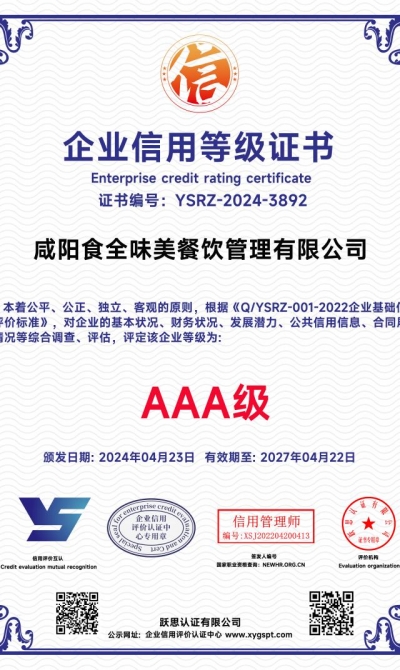 咸阳食全味美餐饮管理有限公司 企业信用等级证书_00